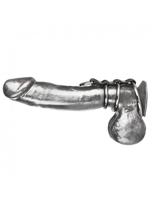 Хомут на пенис из трех металлических колец и кольца для привязи 3 RING GATES OF HELL - BlueLine - купить с доставкой в Новошахтинске