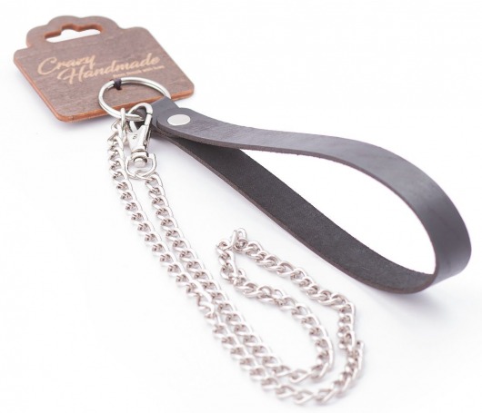 Серебристый металлический поводок с кожаной черной ручкой - 80 см. - Crazy Handmade - купить с доставкой в Новошахтинске