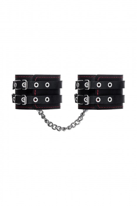 Черные кожаные оковы с двумя ремнями и контрастной строчкой - Pecado - купить с доставкой в Новошахтинске