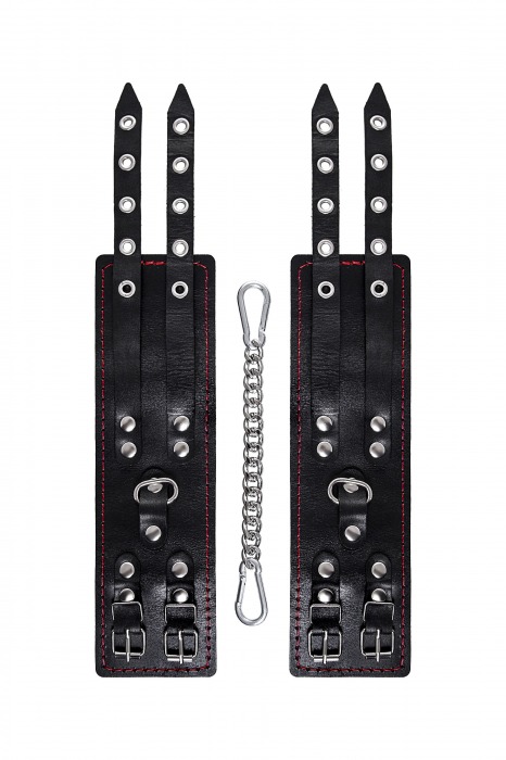 Черные кожаные оковы с двумя ремнями и контрастной строчкой - Pecado - купить с доставкой в Новошахтинске