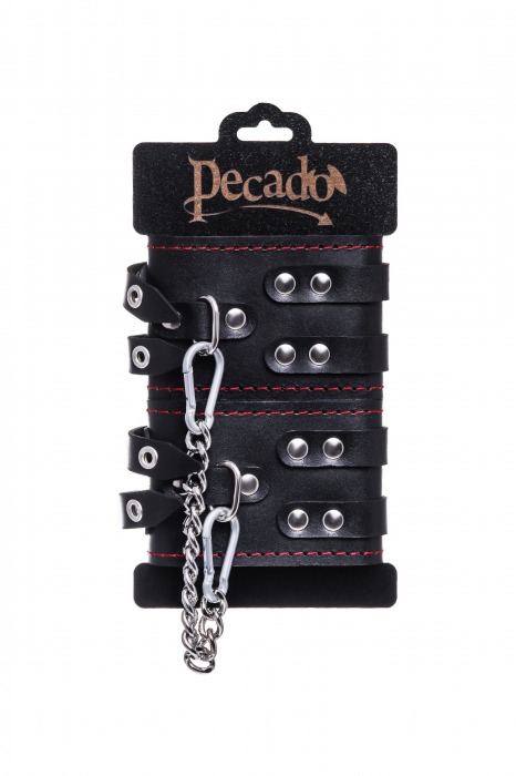 Черные кожаные оковы с двумя ремнями и контрастной строчкой - Pecado - купить с доставкой в Новошахтинске