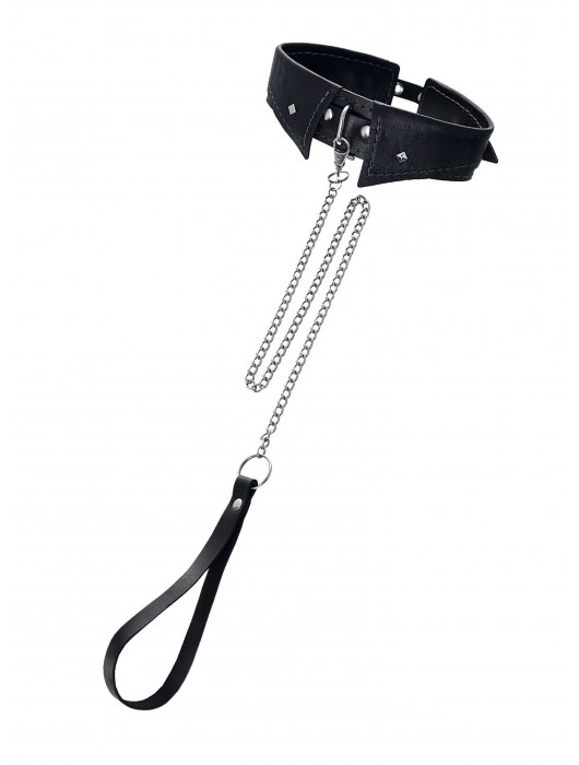 Черный кожаный ошейник-воротник с поводком - Pecado - купить с доставкой в Новошахтинске