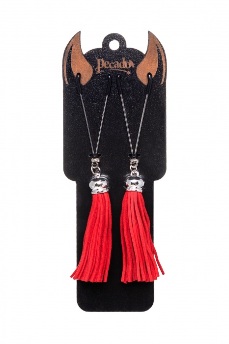 Зажимы на соски «Вилки» с красными кисточками из замши - Pecado - купить с доставкой в Новошахтинске