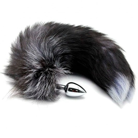 Серебристая анальная пробка с темным лисьим хвостом Black   White Fox Tail Size S - Adrien Lastic