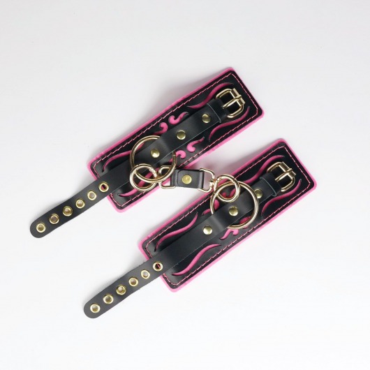 Черные кожаные наручники с розовой строчкой - Crazy Handmade - купить с доставкой в Новошахтинске