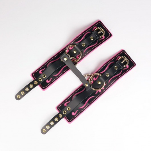 Черные кожаные оковы с розовой строчкой - Crazy Handmade - купить с доставкой в Новошахтинске