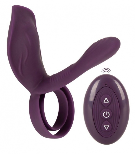 Фиолетовая насадка на член с клиторальным отростком и пультом ДУ RC Couple’s Vibrator 2 - Orion - в Новошахтинске купить с доставкой