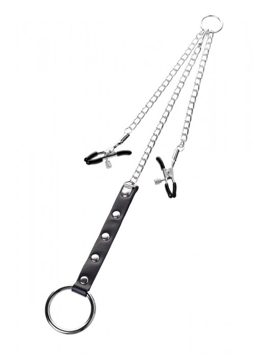 Серебристо-чёрные зажимы для сосков с кольцом для пениса TOYFA Metal - ToyFa - купить с доставкой в Новошахтинске